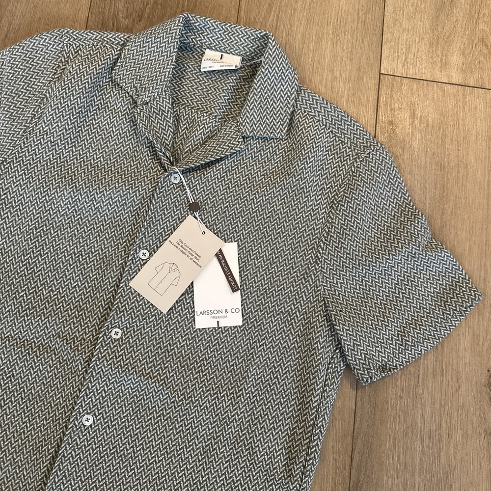 Larsson & Co Premium Men's Textured Herringbone Weave Shirt Green Relaxed Small